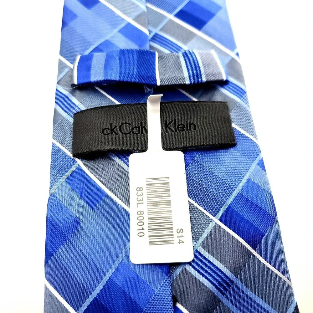 Calvin‎ Klein Blue Silk Tie Woven Skinny Plaids & Stripes